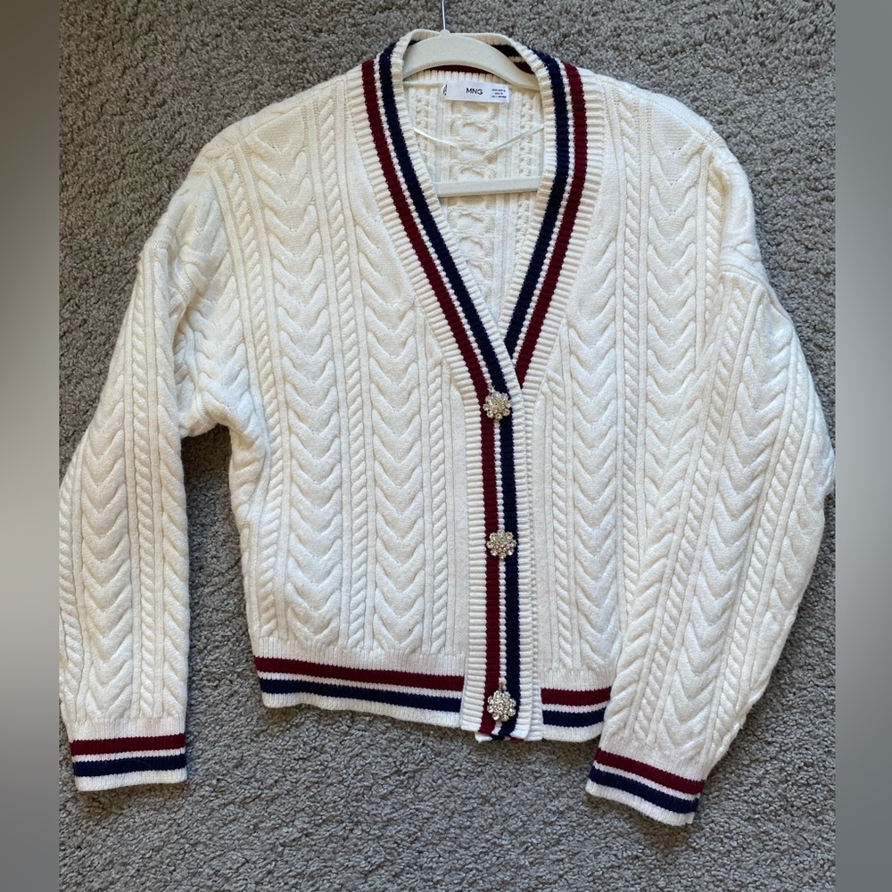 Mango Knit Cardigan with Burgundy and Navy Accents